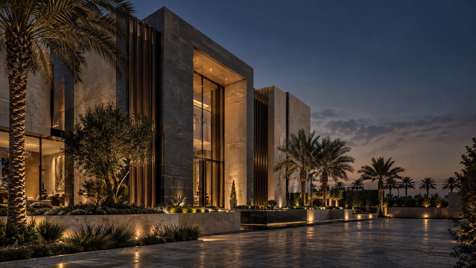 عمارة معاصرة بواجهات حجرية وإضاءة دافئة — صورة تعبيرية